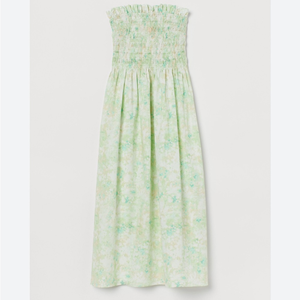 Cotton smocked calf length dress in a green tie dye - strapless H&M
